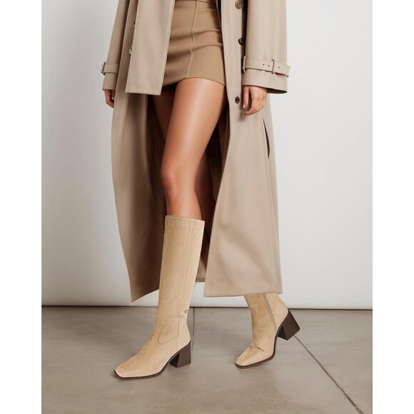 Women Nude Polyurethane Knee High Square Toe Side Zipper Block Heel Tall Boots - Picture 4 of 8